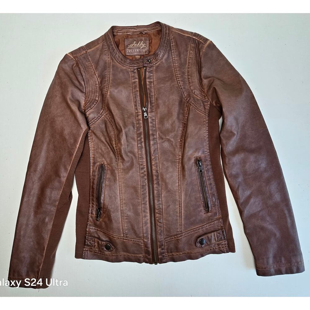 Sebby Collection Brown Faux Leather Jacket Motorcycle Knitted Design Women's S